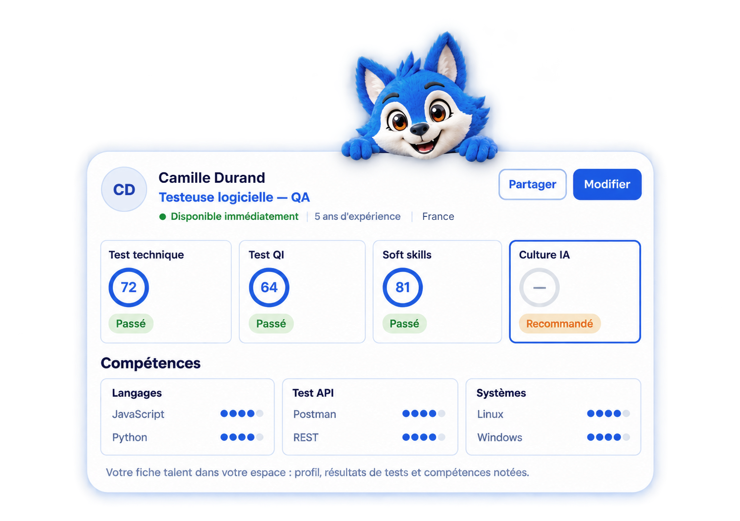 Fiche talent de Camille Durand, testeuse logicielle QA : résultats de tests et compétences notées