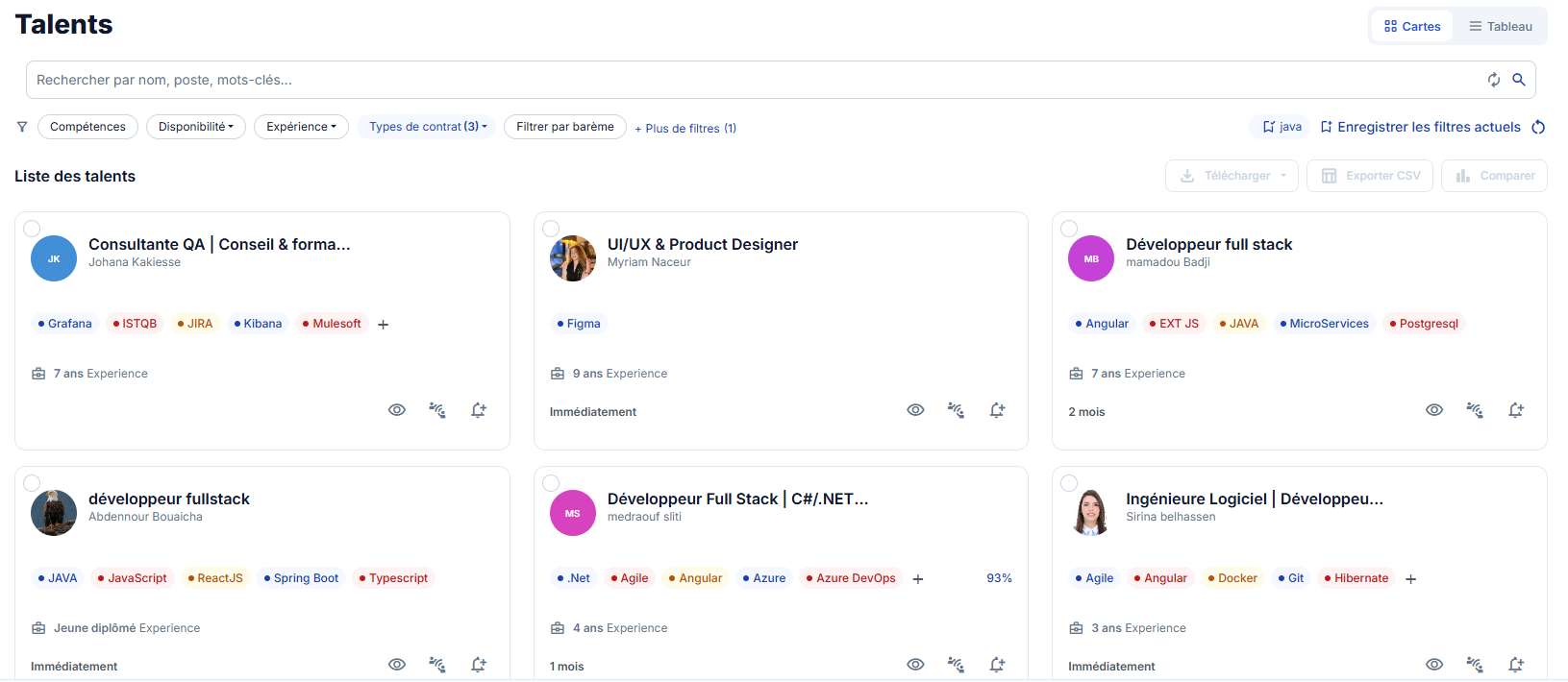 Interface de sourcing WeGestU : liste des talents avec filtres et cartes de profils