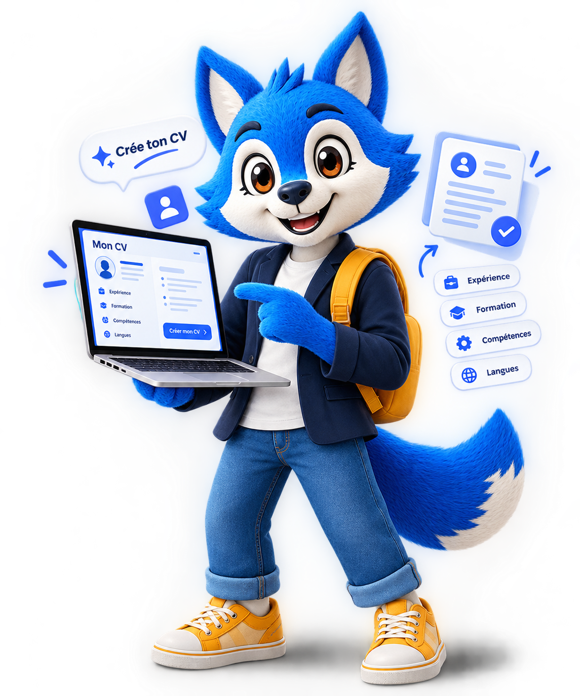 Woofy, la mascotte WeGestU, avec un ordinateur portable et son CV