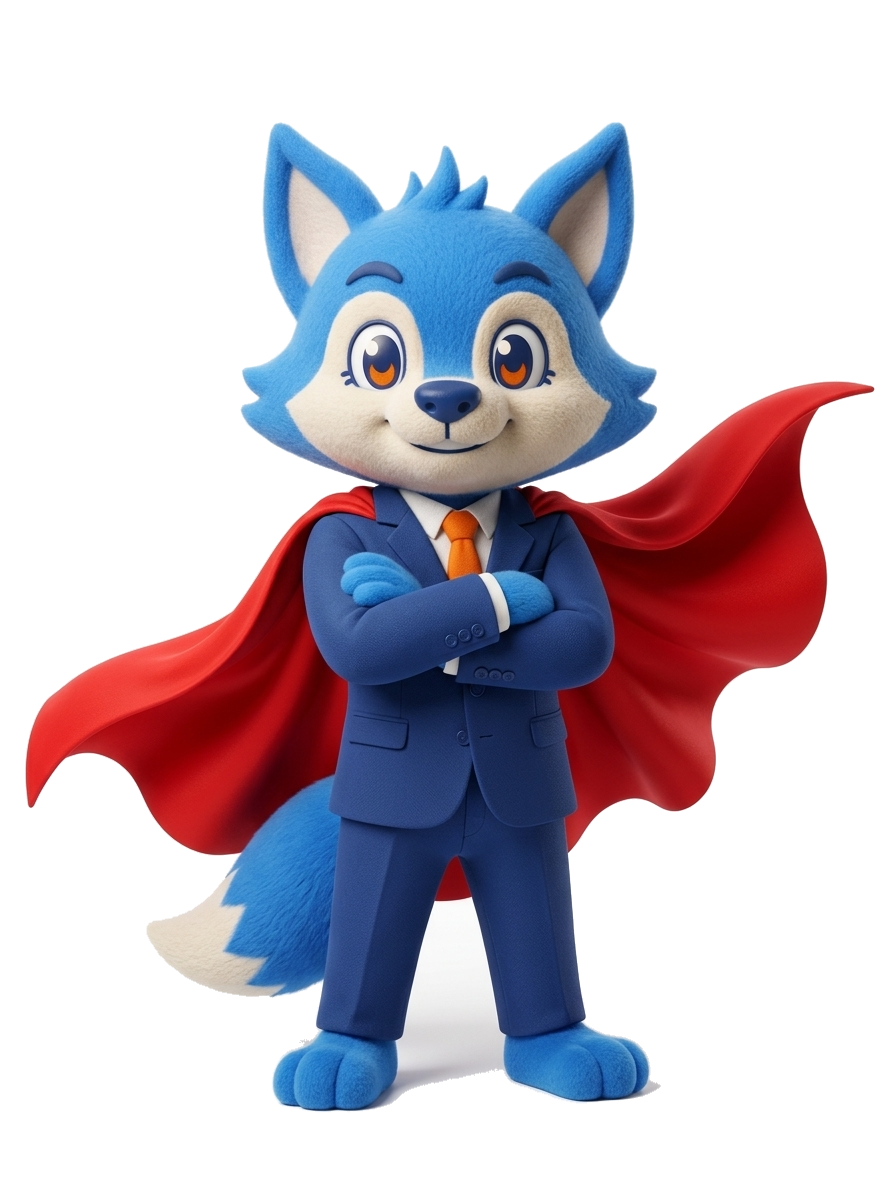 Woofy, le loup mascotte de WeGestU, bras croisés avec une cape rouge