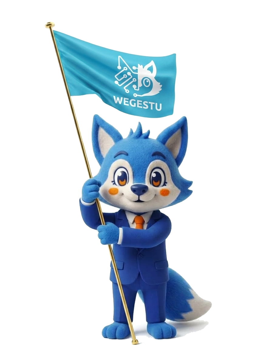 Woofy, la mascotte WeGestU, brandit le drapeau WeGestU